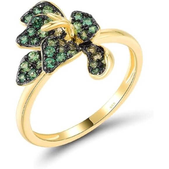 Lily-Green Sterling Silver Gemstone Flower Ring for Women